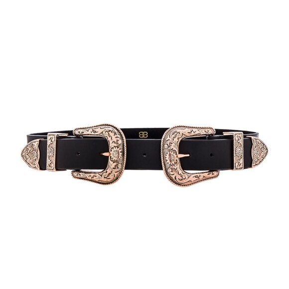 B-Low The Belt Bri Bri Black Leather Belt Western Buckle Black Rose Gold - Picture 1 of 3
